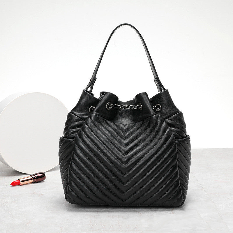 The "Crimson Chevron" Quilted Sheepskin Bucket Bag | Versatile Genuine Leather Handbag