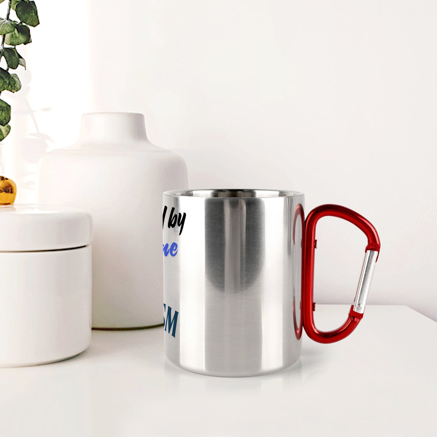 "Powered by Caffeine and Sarcasm Mug | Funny Stainless Steel Travel Mug with Carabiner Handle