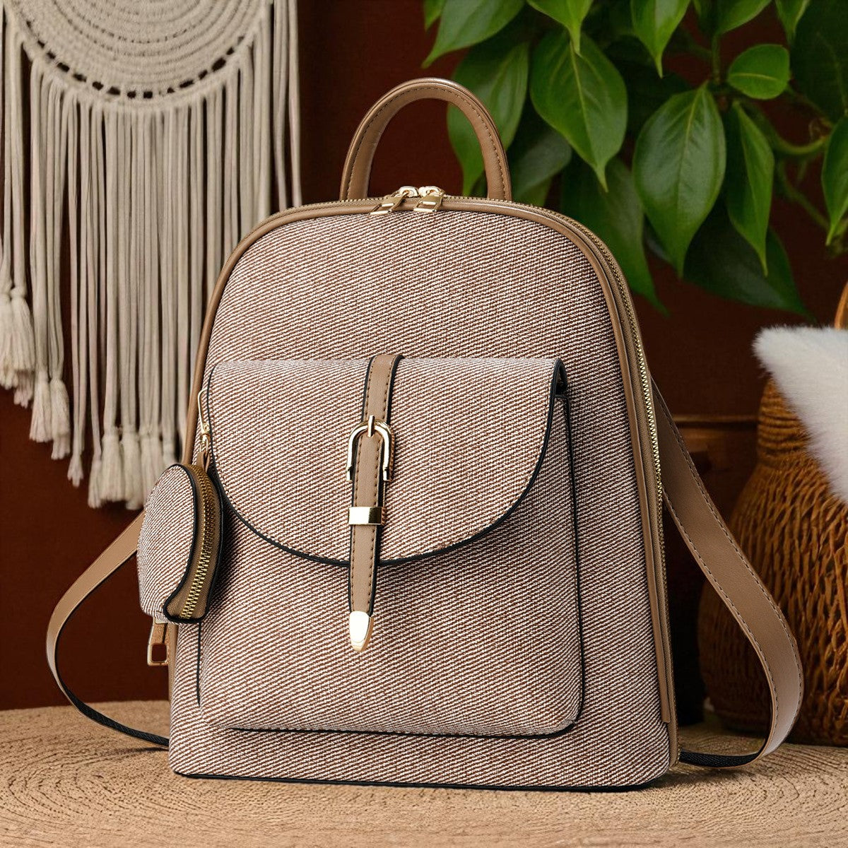 Travel-Ready Vegan Leather Mini Backpack with Pouch | Versatile Daypack