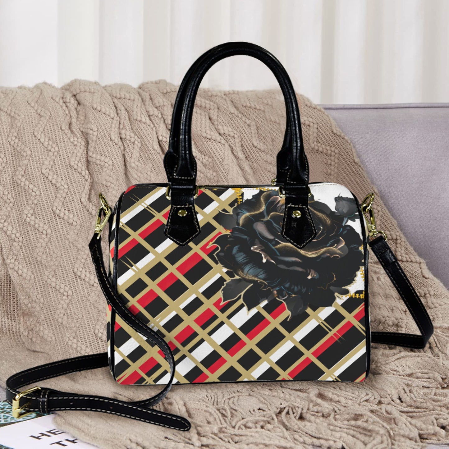 Zamy Purse Boston Leather Handbag-Black Handle