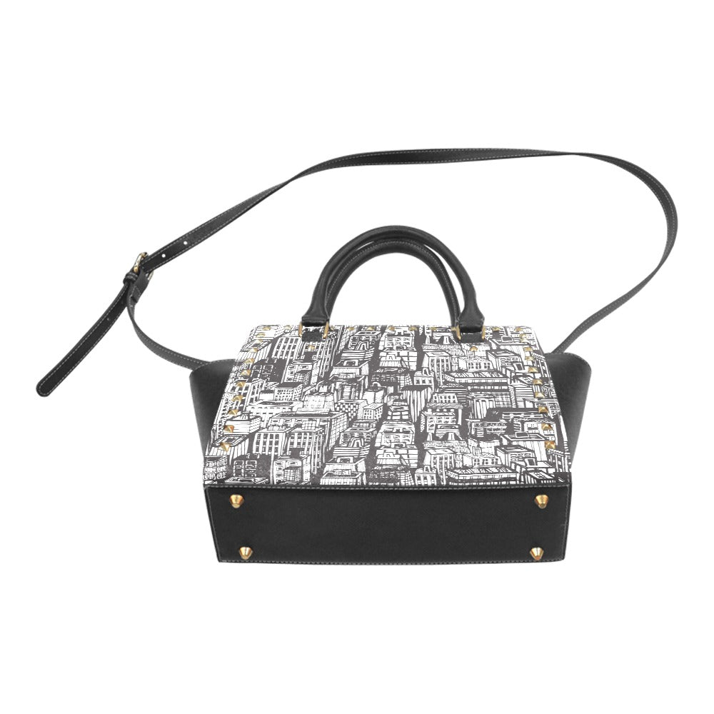 Urban Cityscape Print Handbag | Black & White Vegan Leather Satchel | Stylish Travel Shoulder Bag