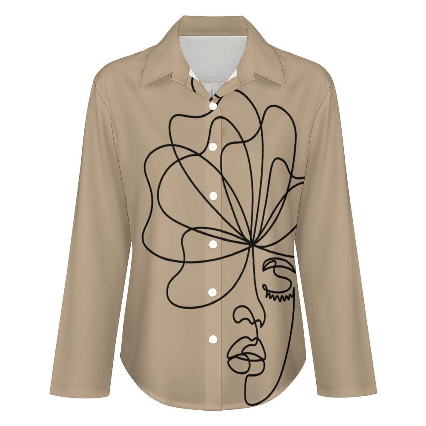Minimalist Abstract Face Line Art Button-Down Shirt – Khaki