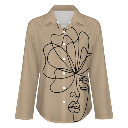 Minimalist Abstract Face Line Art Button-Down Shirt – Khaki