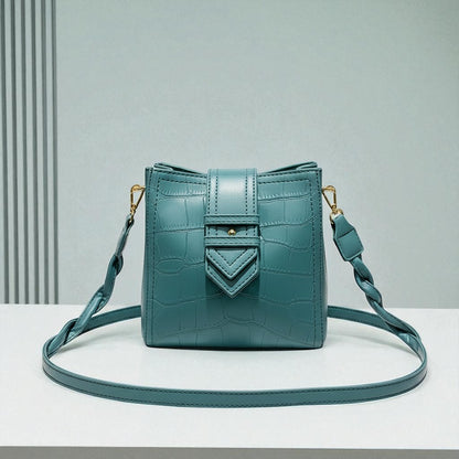 Alligator Embossed Vegan Leather Bucket Bag with Braided Strap - Travel Crossbody & Shoulder Purse"