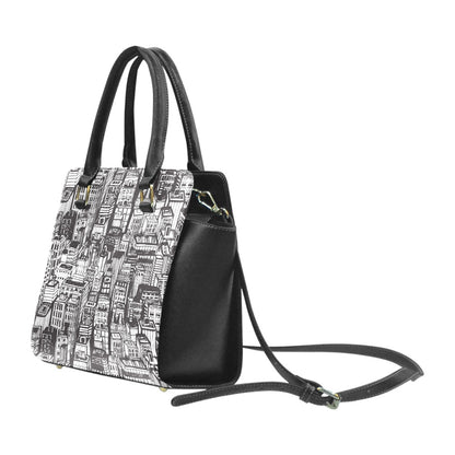 Urban Cityscape Print Handbag | Black & White Vegan Leather Satchel | Stylish Travel Shoulder Bag