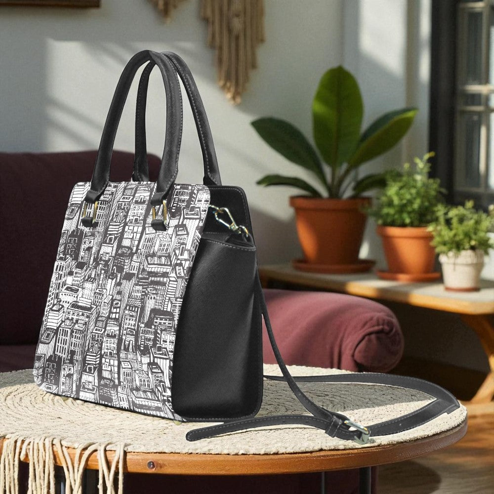 Urban Cityscape Print Handbag | Black & White Vegan Leather Satchel | Stylish Travel Shoulder Bag