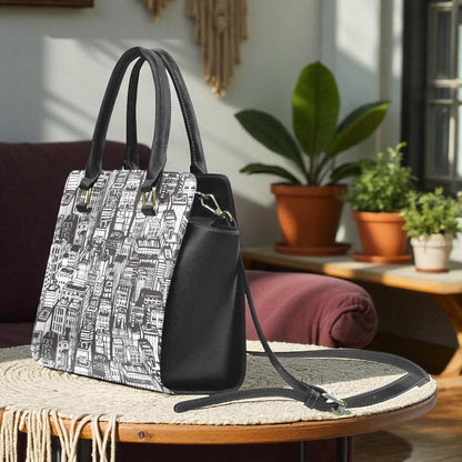 Urban Cityscape Print Handbag | Black & White Vegan Leather Satchel | Stylish Travel Shoulder Bag