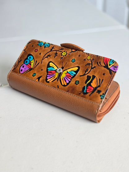 Artisan Hand-Painted Butterfly Leather Wallet | Floral Embossed Trifold Wallet