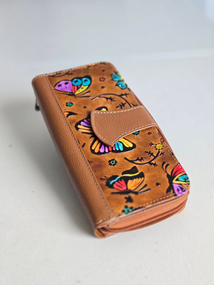Artisan Hand-Painted Butterfly Leather Wallet | Floral Embossed Trifold Wallet
