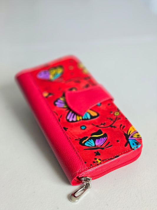 Artisan Hand-Painted Butterfly Leather Wallet | Floral Embossed Trifold Wallet