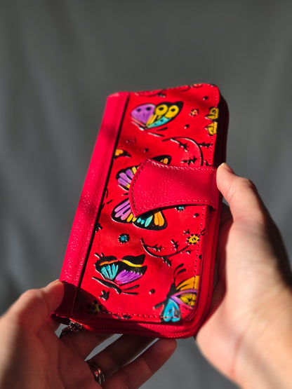 Artisan Hand-Painted Butterfly Leather Wallet | Floral Embossed Trifold Wallet