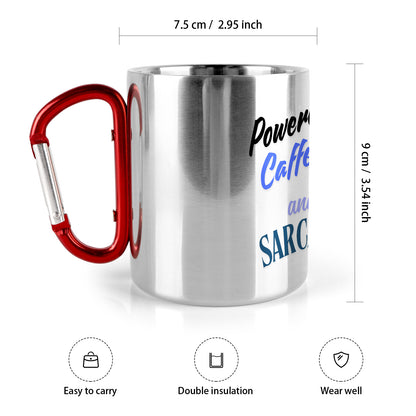 "Powered by Caffeine and Sarcasm Mug | Funny Stainless Steel Travel Mug with Carabiner Handle