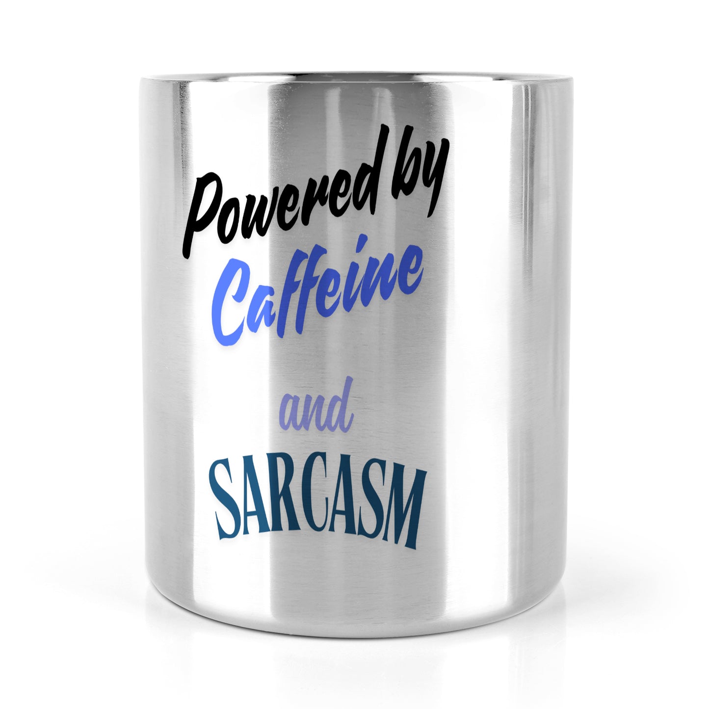 "Powered by Caffeine and Sarcasm Mug | Funny Stainless Steel Travel Mug with Carabiner Handle