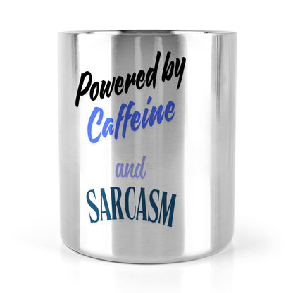"Powered by Caffeine and Sarcasm Mug | Funny Stainless Steel Travel Mug with Carabiner Handle