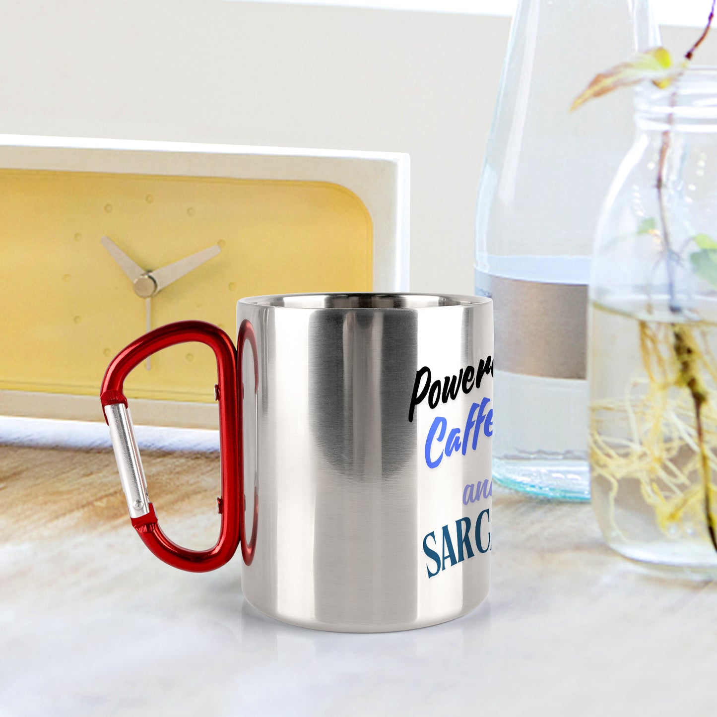 "Powered by Caffeine and Sarcasm Mug | Funny Stainless Steel Travel Mug with Carabiner Handle