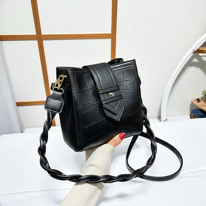 Alligator Embossed Vegan Leather Bucket Bag with Braided Strap - Travel Crossbody & Shoulder Purse"