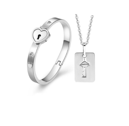 Key to my heart Titanium steel couples bracelet and Necklace set