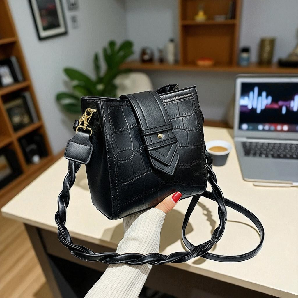 Alligator Embossed Vegan Leather Bucket Bag with Braided Strap - Travel Crossbody & Shoulder Purse"