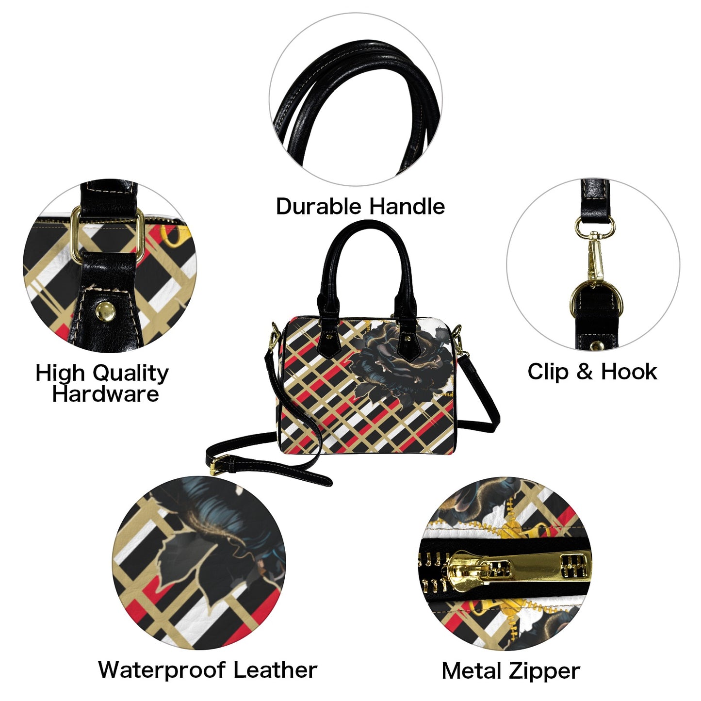 Zamy Purse  Boston Leather Handbag-Black Handle