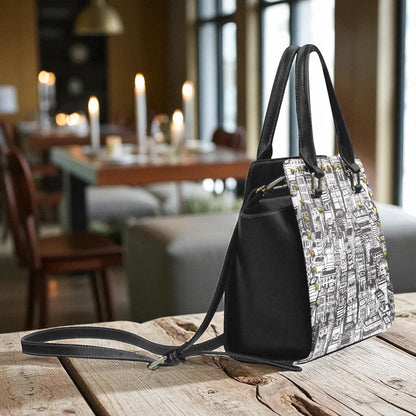 Urban Cityscape Print Handbag | Black & White Vegan Leather Satchel | Stylish Travel Shoulder Bag