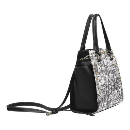 Urban Cityscape Print Handbag | Black & White Vegan Leather Satchel | Stylish Travel Shoulder Bag