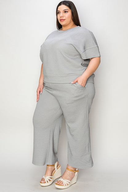 Double Take Texture Short Sleeve Top and Pants Set