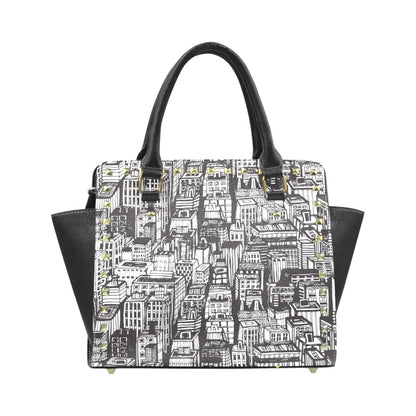 Handbag with black and white cityscape pattern on a white background