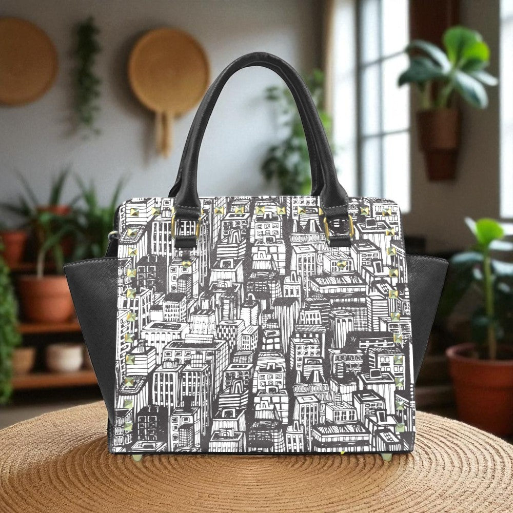 Urban Cityscape Print Handbag | Black & White Vegan Leather Satchel | Stylish Travel Shoulder Bag