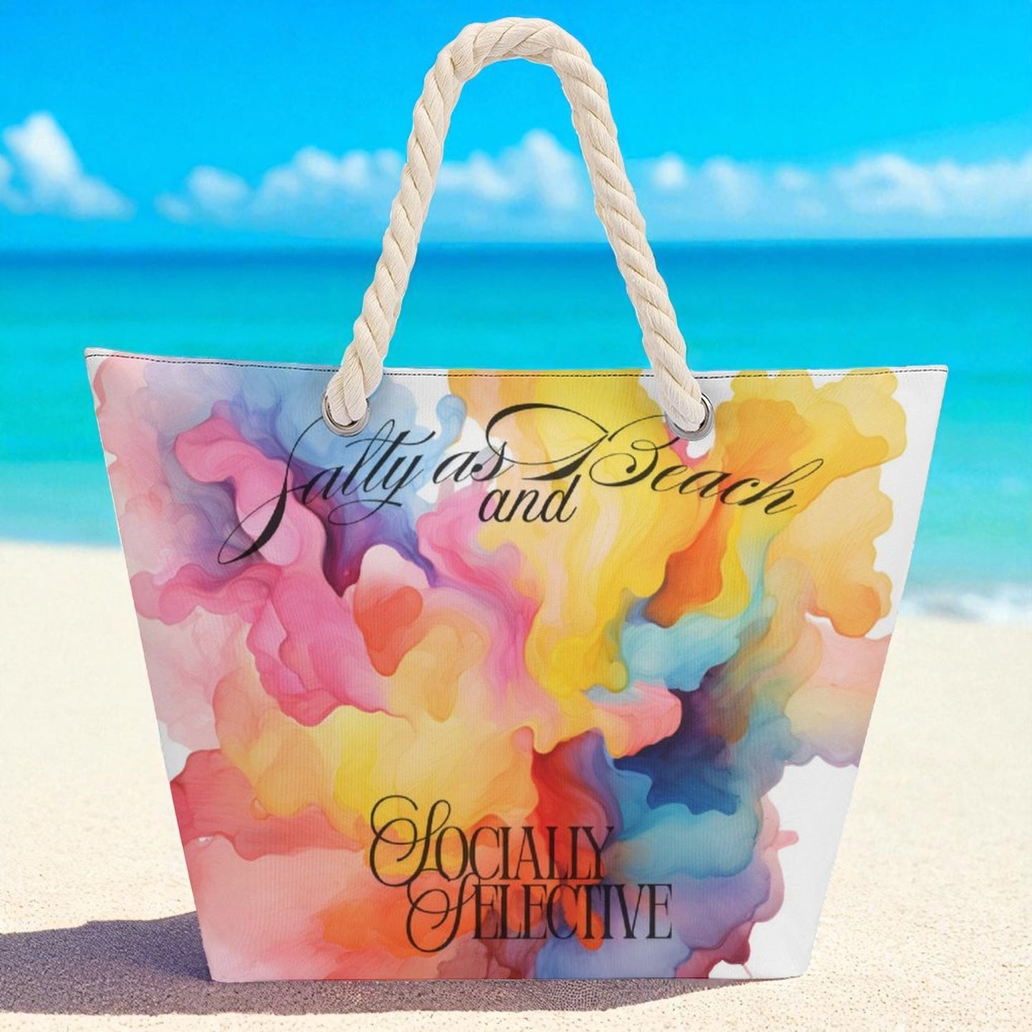 Salty as a Beach & Socially Selective Tote Bag | Watercolor Splash Beach Bag