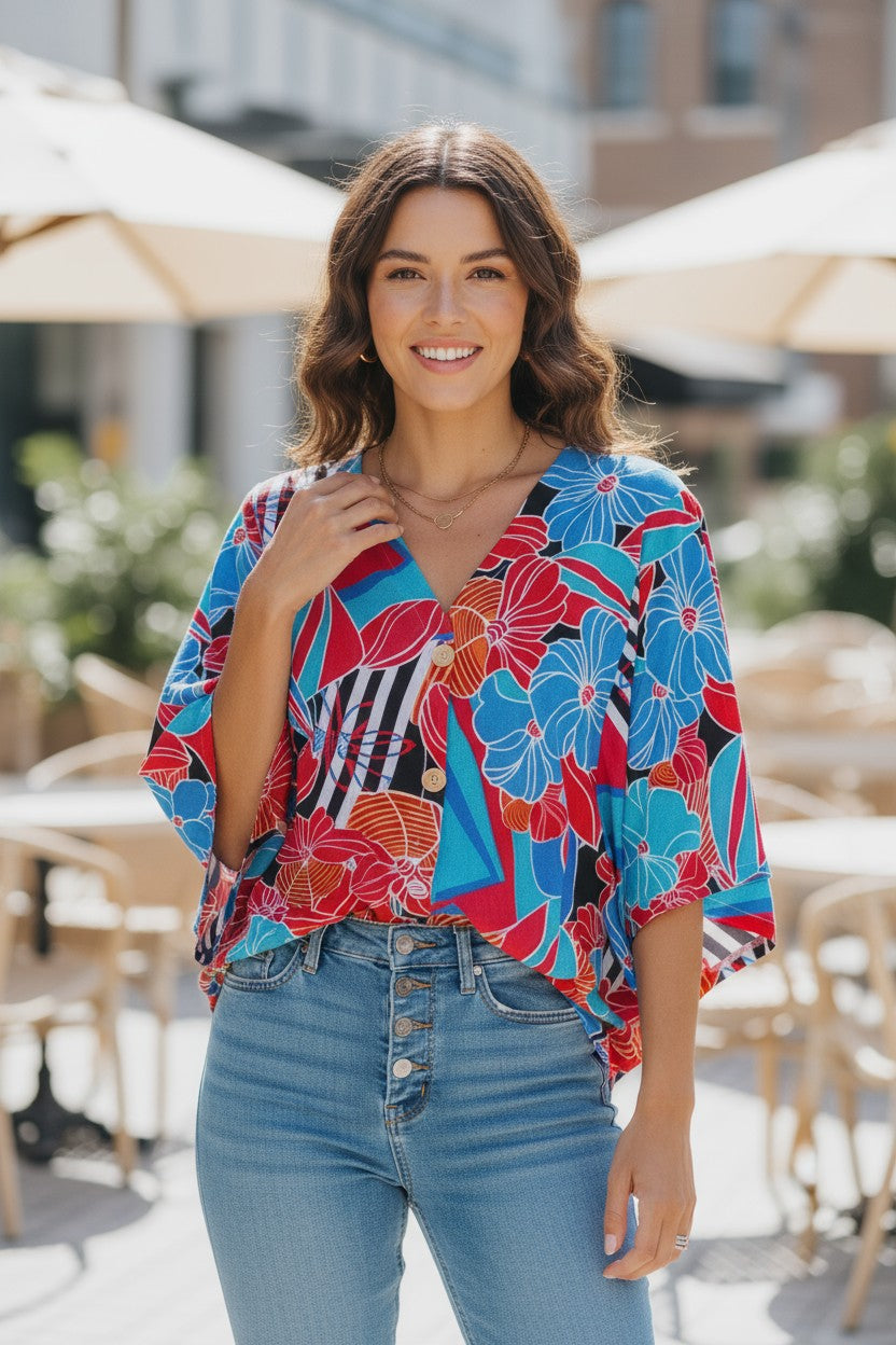 Tropical Floral V-Neck Kimono Sleeve Top | Lightweight Vacation Blouse