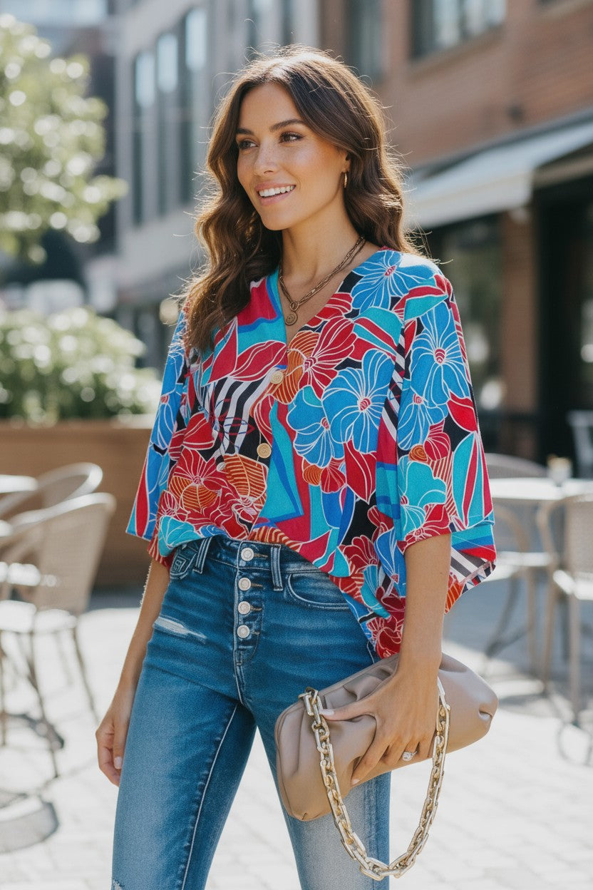 Tropical Floral V-Neck Kimono Sleeve Top | Lightweight Vacation Blouse