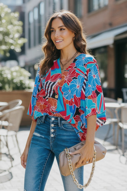 Tropical Floral V-Neck Kimono Sleeve Top | Lightweight Vacation Blouse