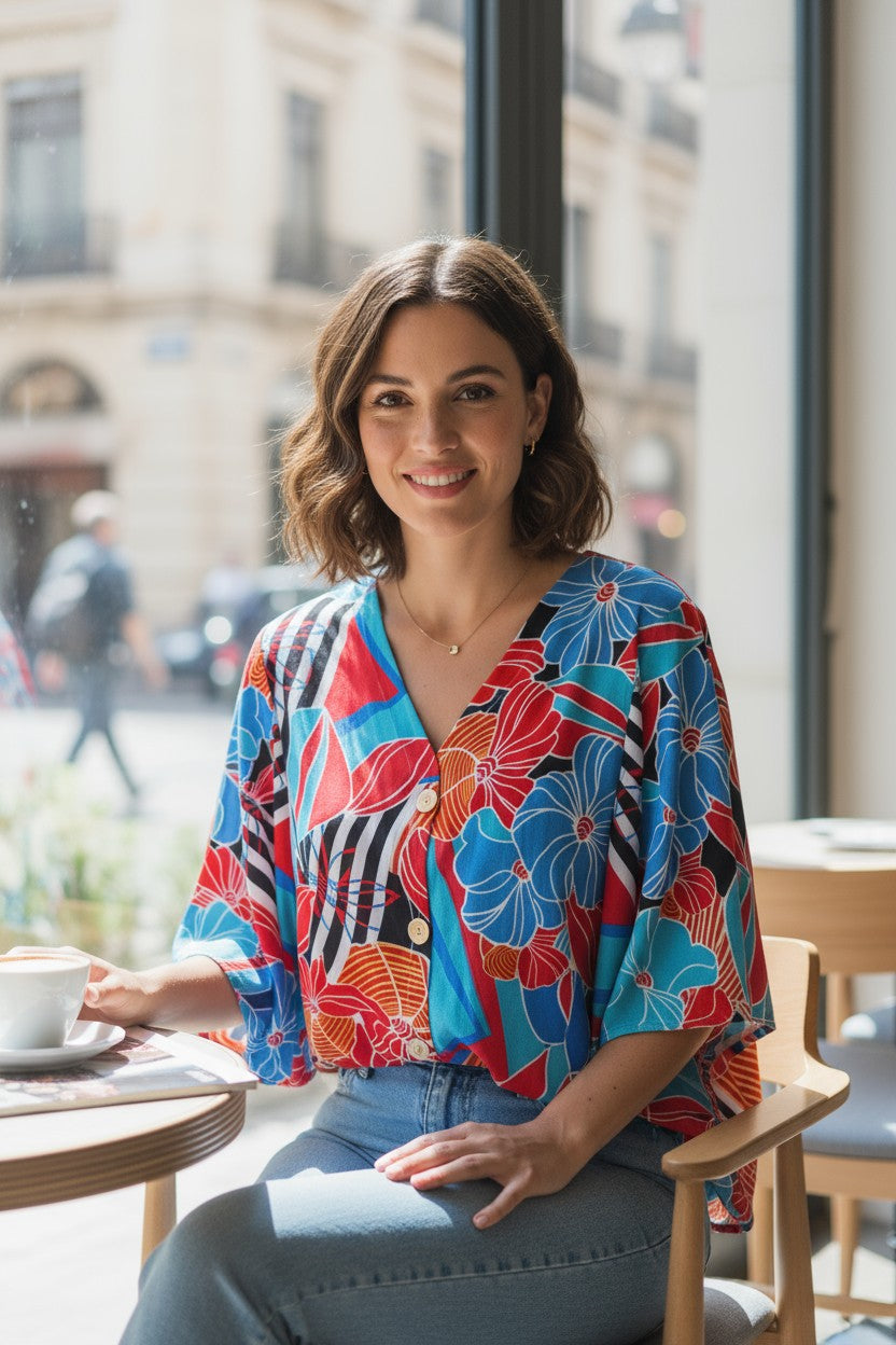 Tropical Floral V-Neck Kimono Sleeve Top | Lightweight Vacation Blouse