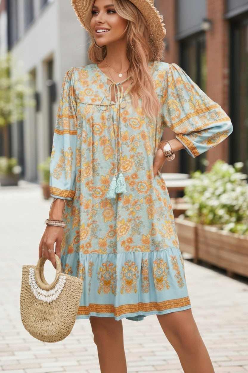 Bohemian Wanderer Floral Tassel Tie Mini Dress