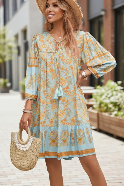 Bohemian Wanderer Floral Tassel Tie Mini Dress