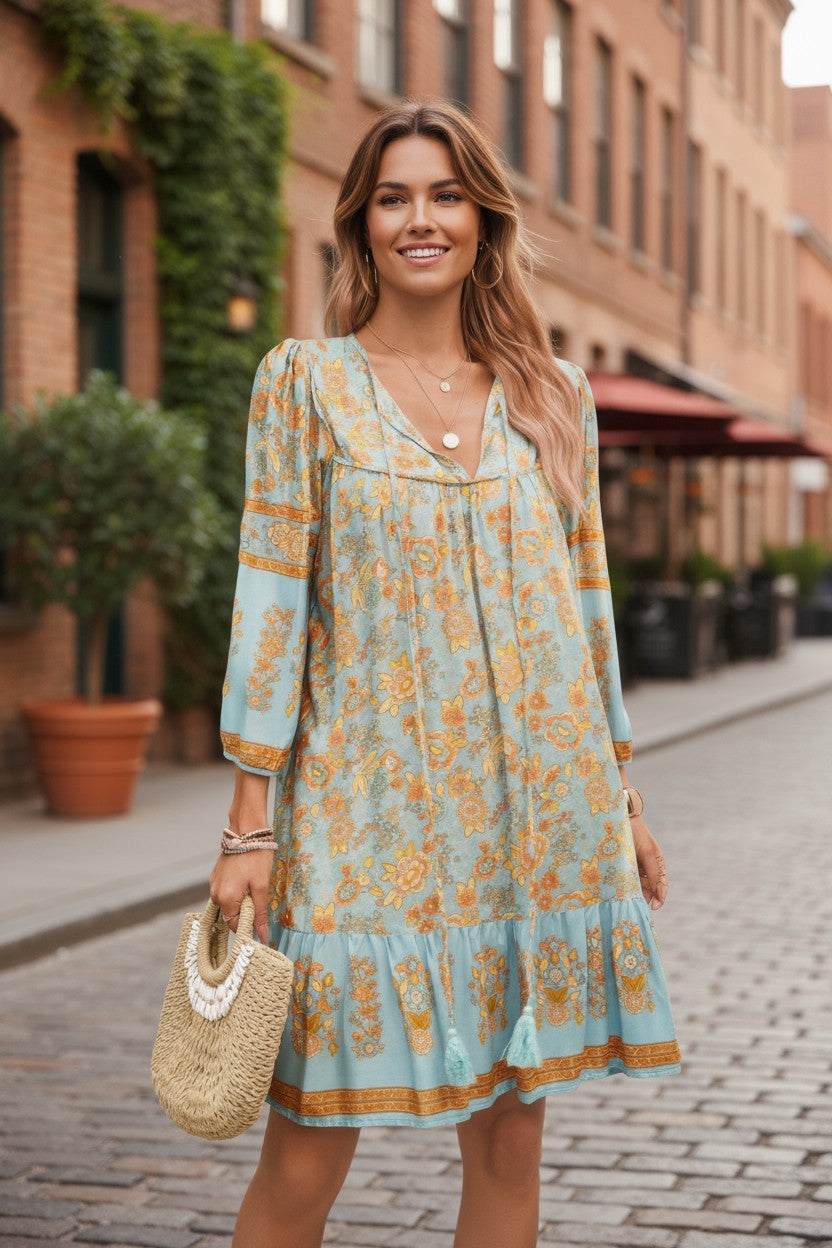 Bohemian Wanderer Floral Tassel Tie Mini Dress