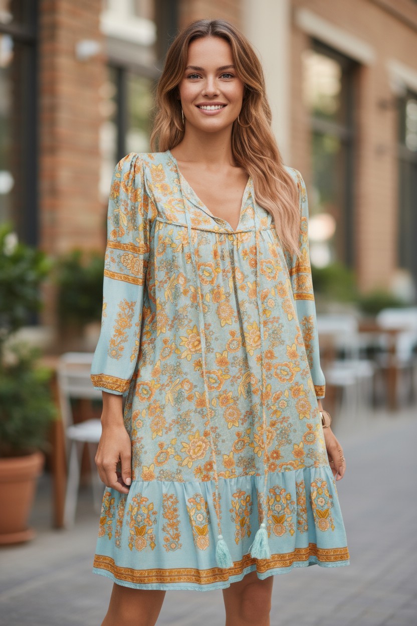Bohemian Wanderer Floral Tassel Tie Mini Dress