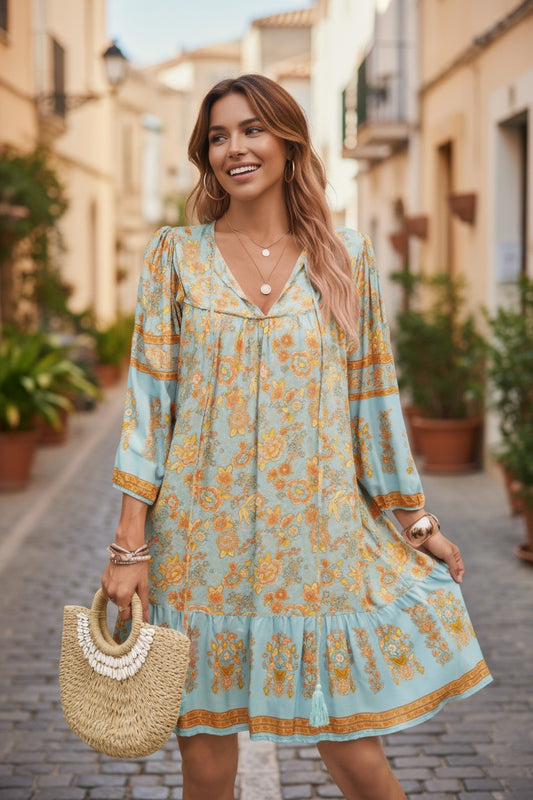 Bohemian Wanderer Floral Tassel Tie Mini Dress