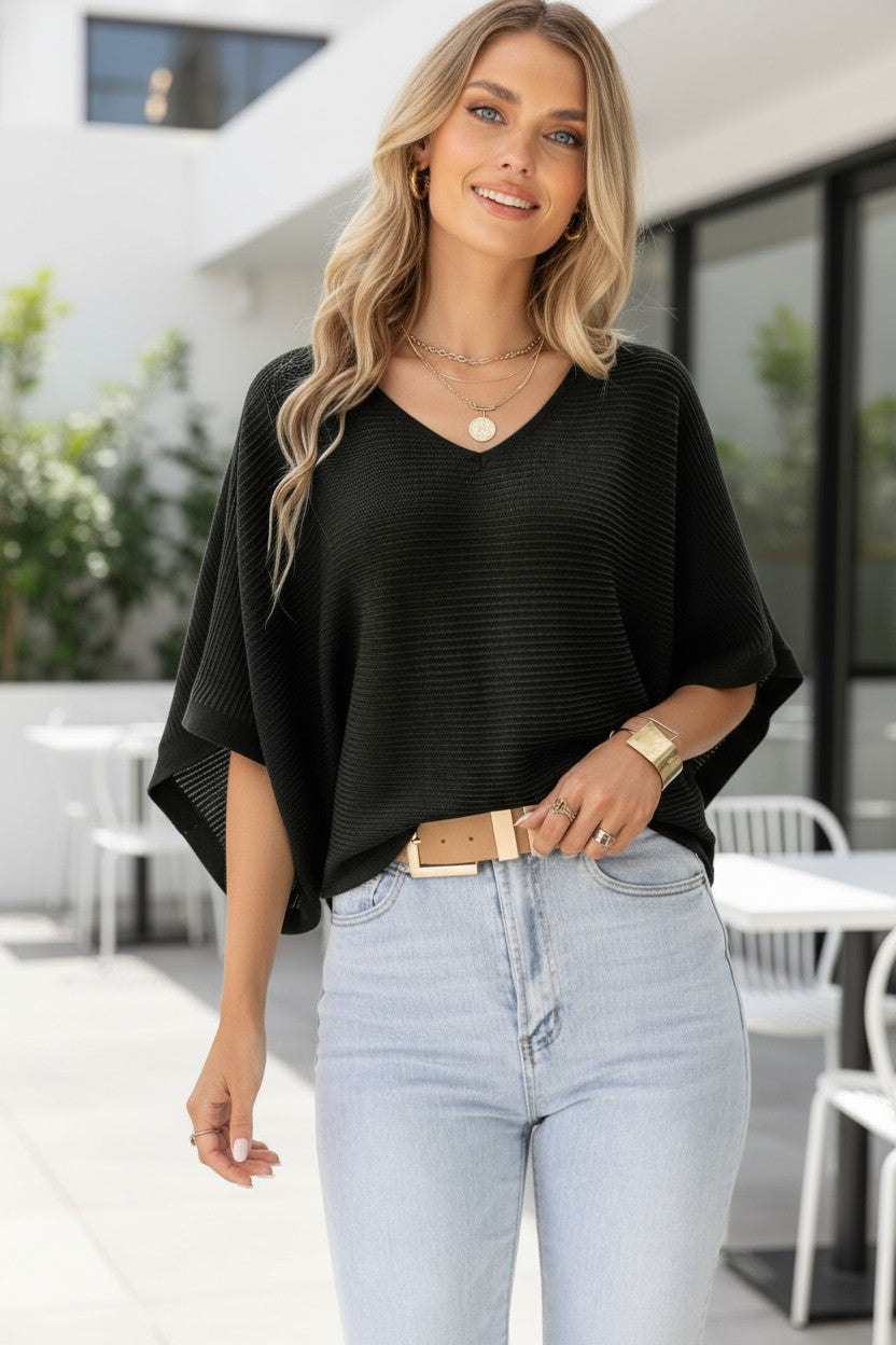 Batwing Sleeve V-Neck Knit Sweater | Lightweight Travel Top