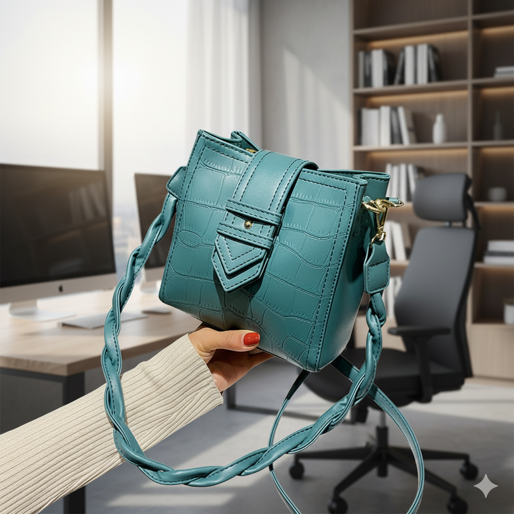 Alligator Embossed Vegan Leather Bucket Bag with Braided Strap - Travel Crossbody & Shoulder Purse"