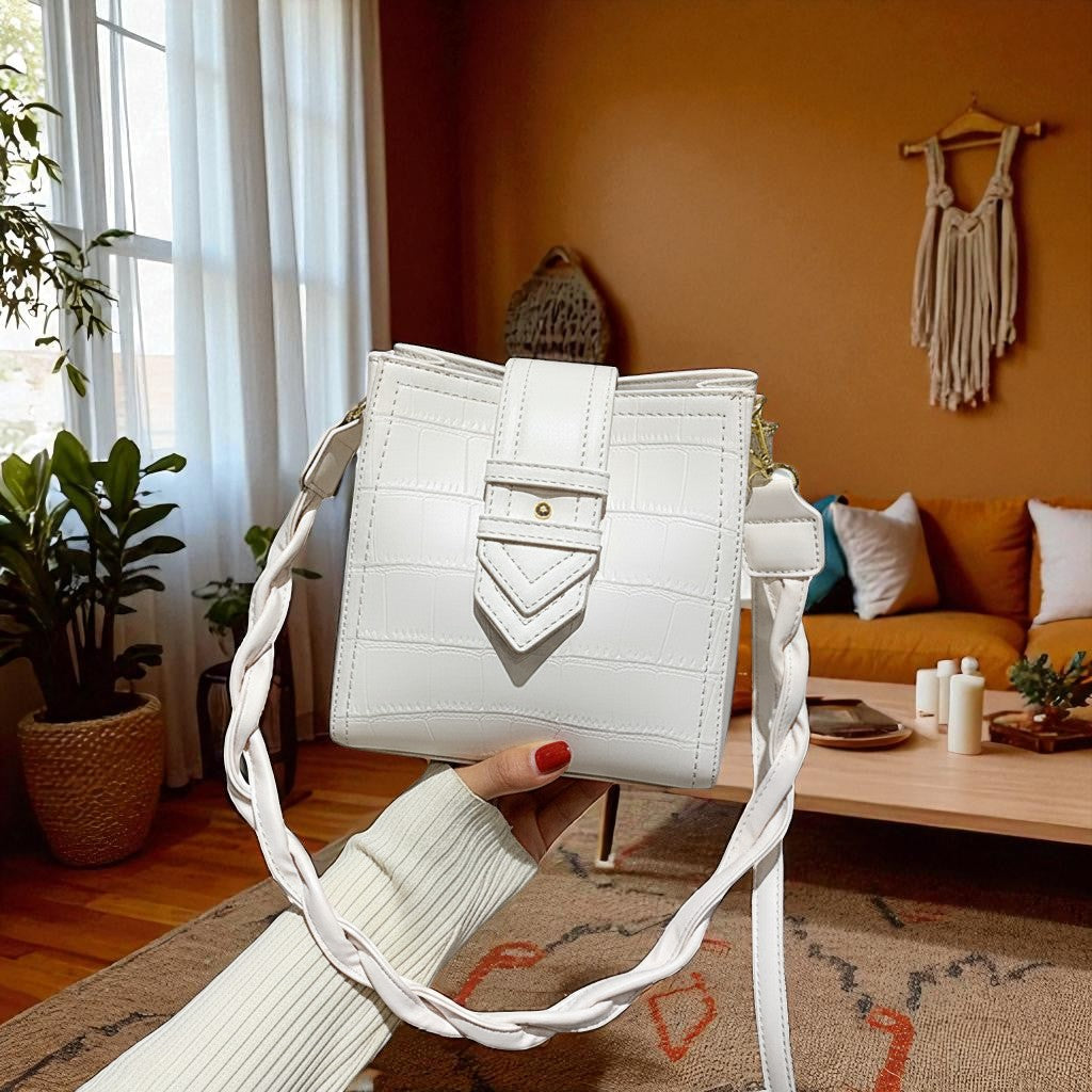 Alligator Embossed Vegan Leather Bucket Bag with Braided Strap - Travel Crossbody & Shoulder Purse"