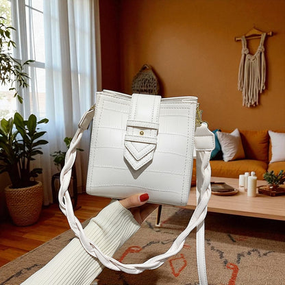 Alligator Embossed Vegan Leather Bucket Bag with Braided Strap - Travel Crossbody & Shoulder Purse"