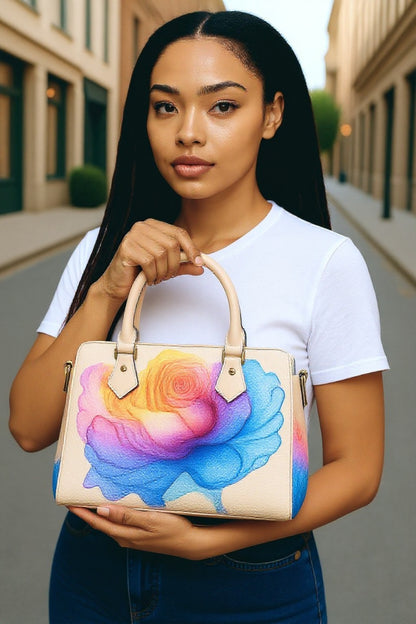 Vibrant Watercolor Rose Handbag | Elegant Vegan Leather Shoulder Bag | Floral Satchel with Strap