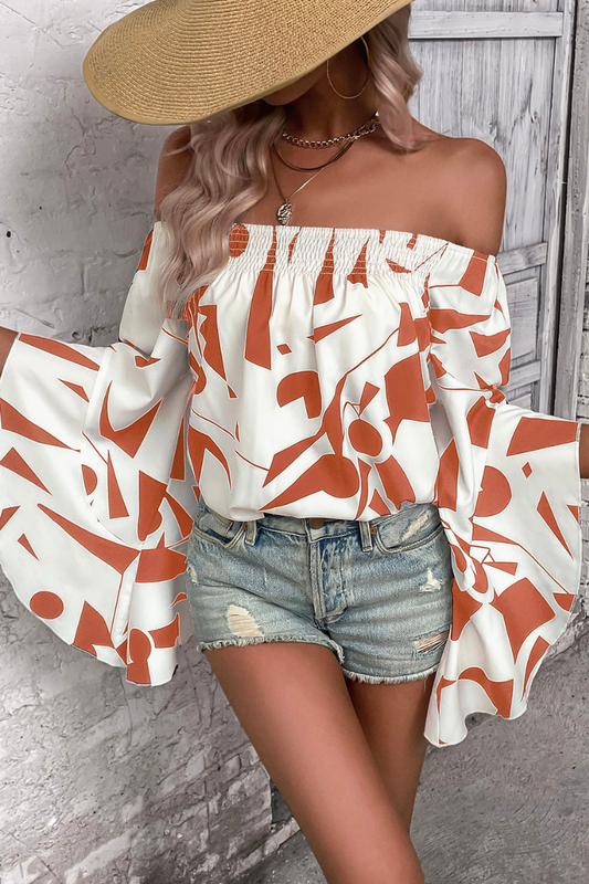 Printed Off-Shoulder Bell Sleeve Blouse