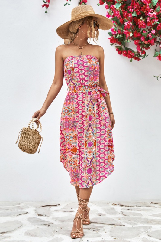 Printed Strapless Tie Belt Dress