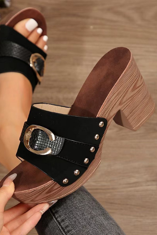 Buckle Trim Block Heel Sandals