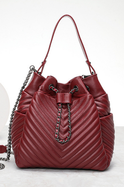 The "Crimson Chevron" Quilted Sheepskin Bucket Bag | Versatile Genuine Leather Handbag