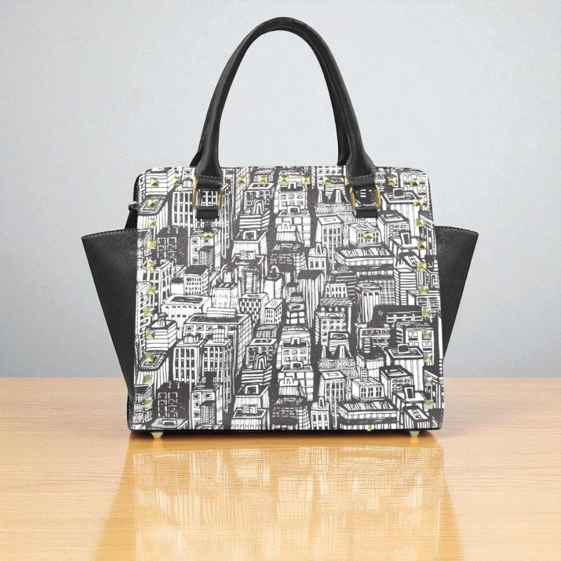 Urban Cityscape Print Handbag | Black & White Vegan Leather Satchel | Stylish Travel Shoulder Bag