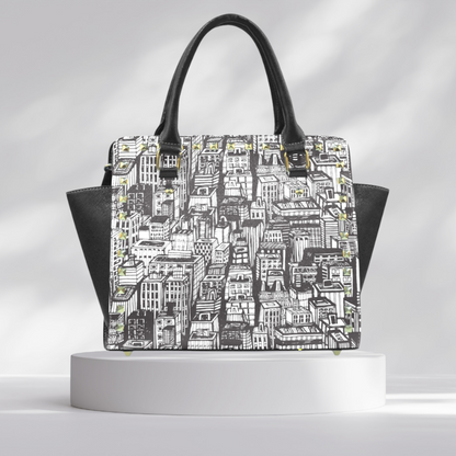 Urban Cityscape Print Handbag | Black & White Vegan Leather Satchel | Stylish Travel Shoulder Bag