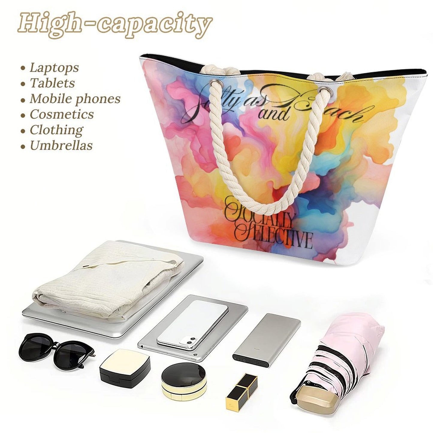 Salty as a Beach & Socially Selective Tote Bag | Watercolor Splash Beach Bag